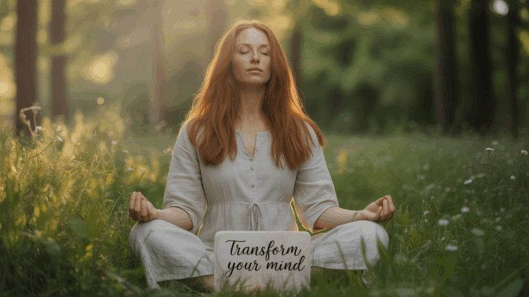 a woman sitting in a grass field with her eyes closed