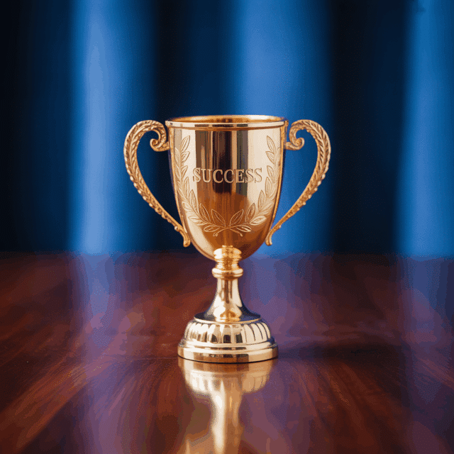 a gold trophy on a wooden surface