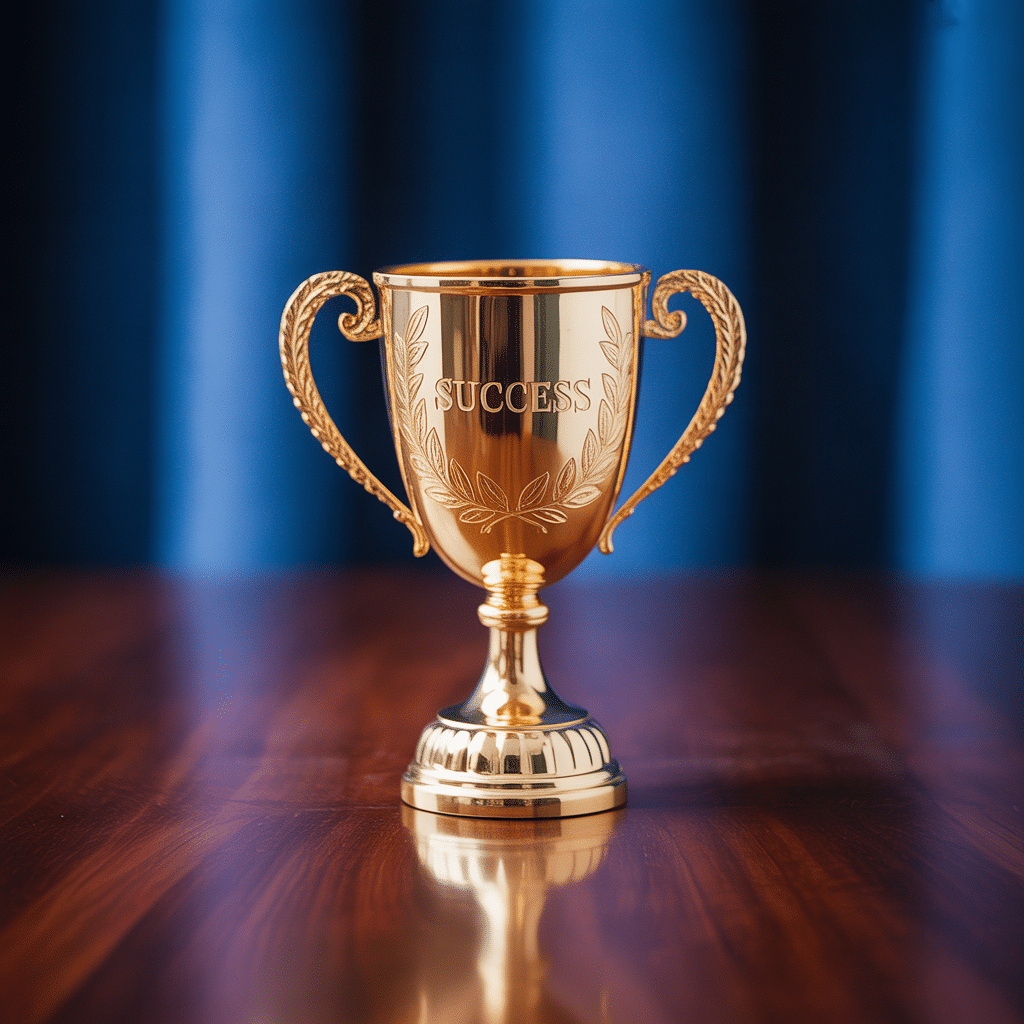 a gold trophy on a wooden surface